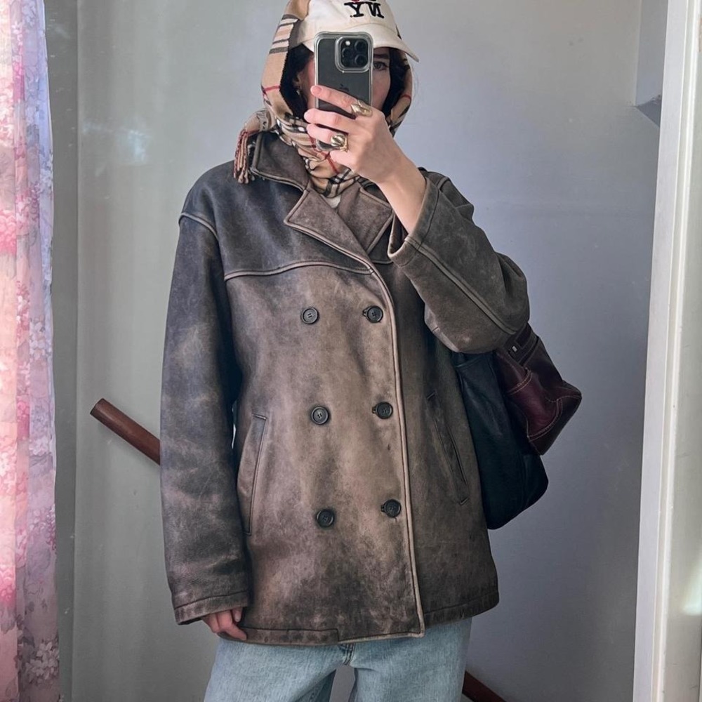 Vintage Brown Distressed Leather Double Breasted Jacket Oversized‎ Boxy 90s Coat